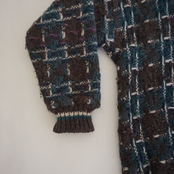 Vintage Wool Brown Teal Textured Grid Knit Sweater Cabincore Retro 80s/90s L - Picture 7 of 10